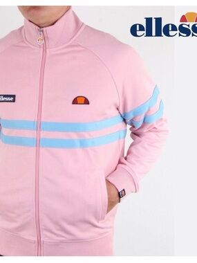 Great Condition Men’s L Ellesse Pink Track Jacket with Sky Blue Stripes. Tennis